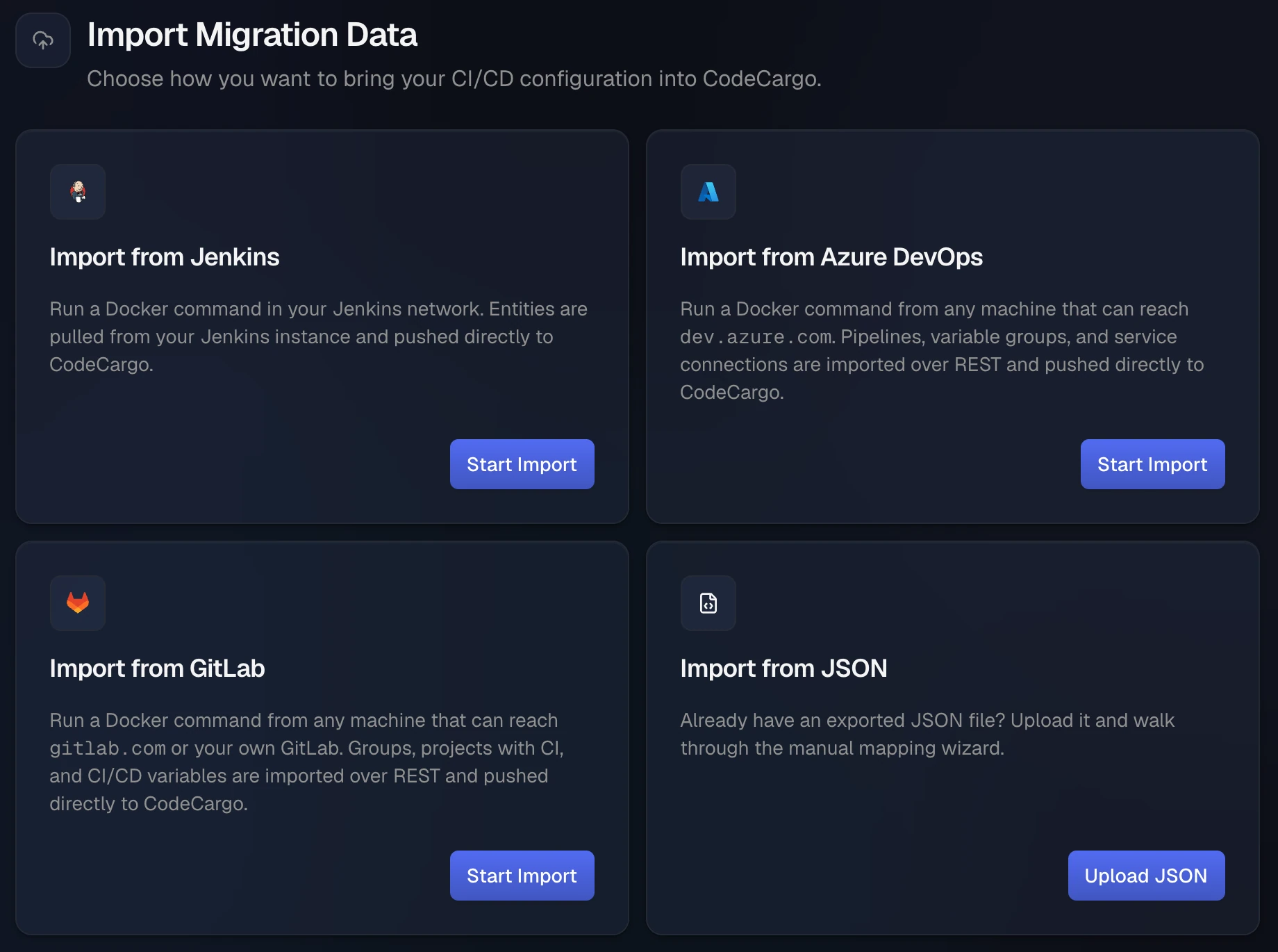 The Import Migration Data page with four cards: Import from Jenkins, Import from Azure DevOps, and Import from GitLab, each with a Start Import button, and Import from JSON with an Upload JSON button.
