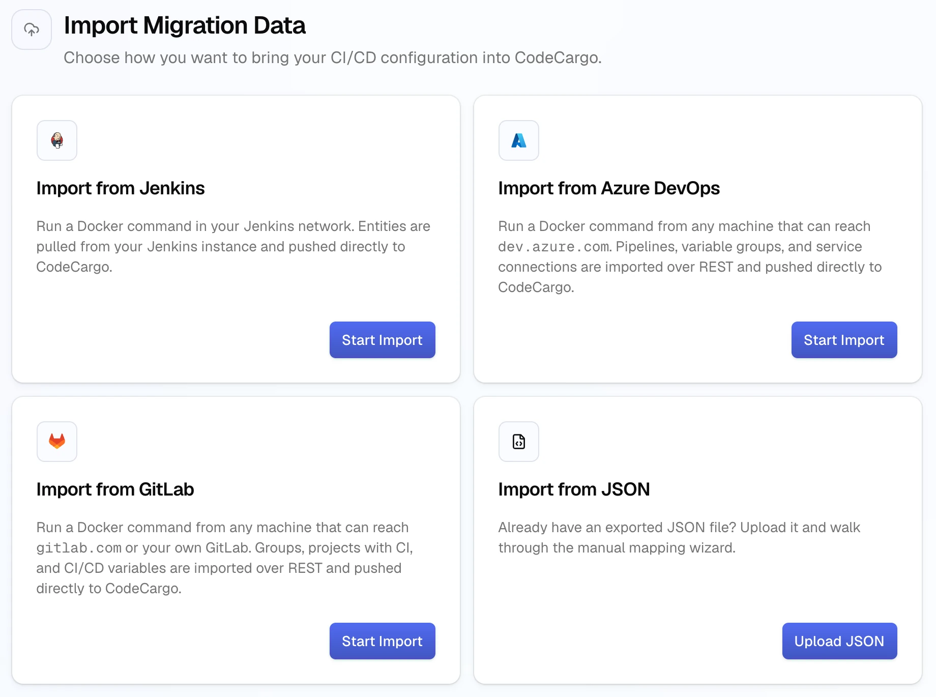 The Import Migration Data page with four cards: Import from Jenkins, Import from Azure DevOps, and Import from GitLab, each with a Start Import button, and Import from JSON with an Upload JSON button.