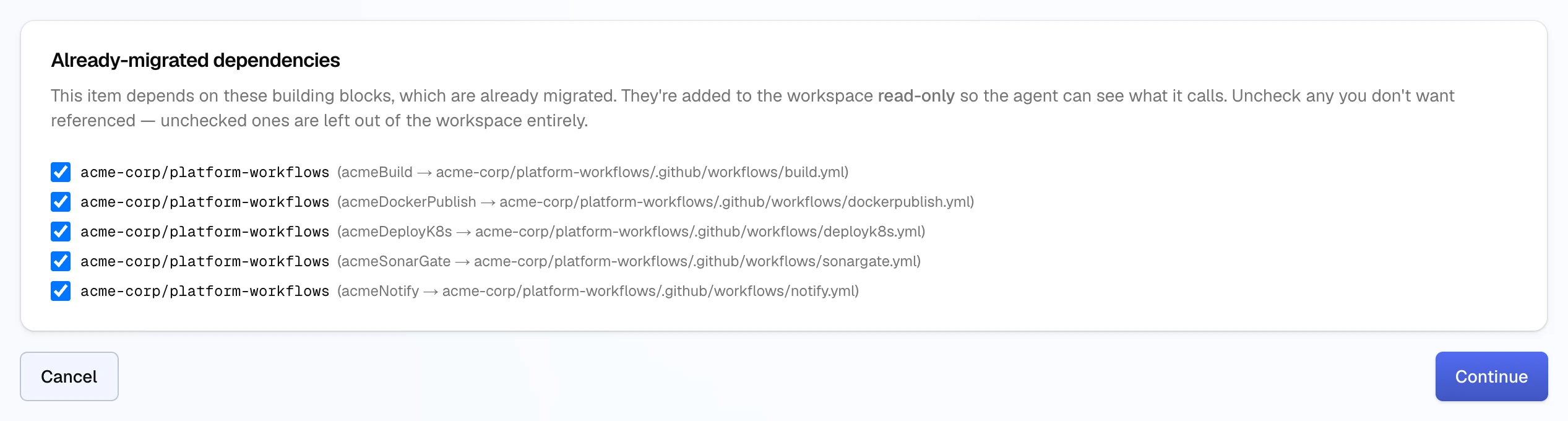 The Already-migrated dependencies checklist on the Preparing Migration Editor page: five checked entries in acme-corp/platform-workflows, such as acmeBuild mapped to .github/workflows/build.yml and acmeSonarGate mapped to sonargate.yml, with Cancel and Continue buttons.