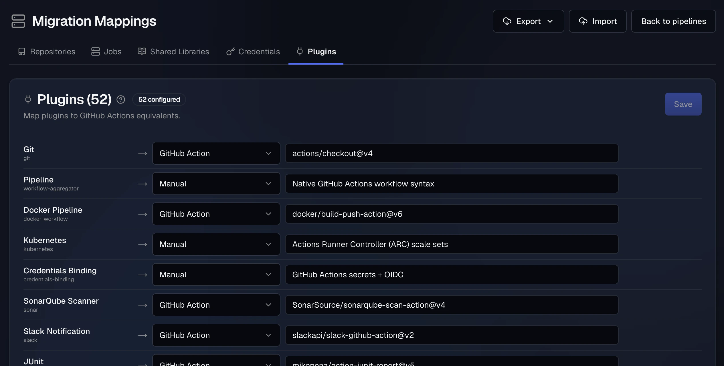 The Plugins tab of Migration Mappings: each Jenkins plugin, such as Git, Docker Pipeline, and SonarQube Scanner, mapped to a target type (GitHub Action or Manual) and a target such as actions/checkout@v4 or docker/build-push-action@v6, with Export, Import, and Save.