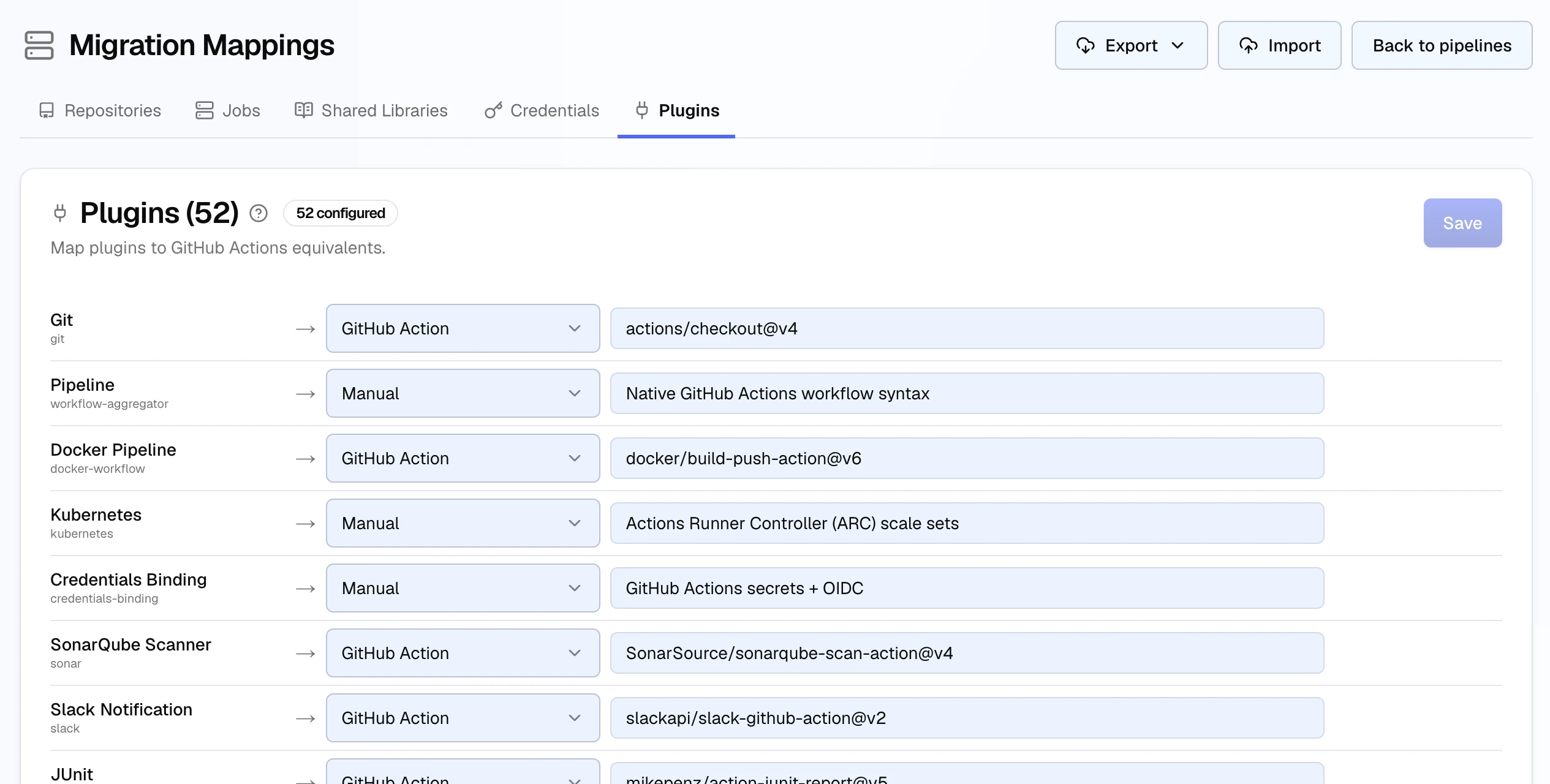 The Plugins tab of Migration Mappings: each Jenkins plugin, such as Git, Docker Pipeline, and SonarQube Scanner, mapped to a target type (GitHub Action or Manual) and a target such as actions/checkout@v4 or docker/build-push-action@v6, with Export, Import, and Save.