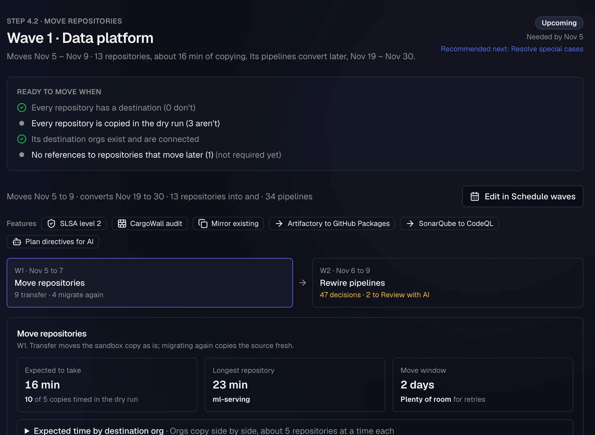 The Wave 1, Data platform page: its move and convert dates, the Ready to move when list, its features, and a stage strip with Move repositories selected and Rewire pipelines next, above the expected move time, the longest repository and the move window.