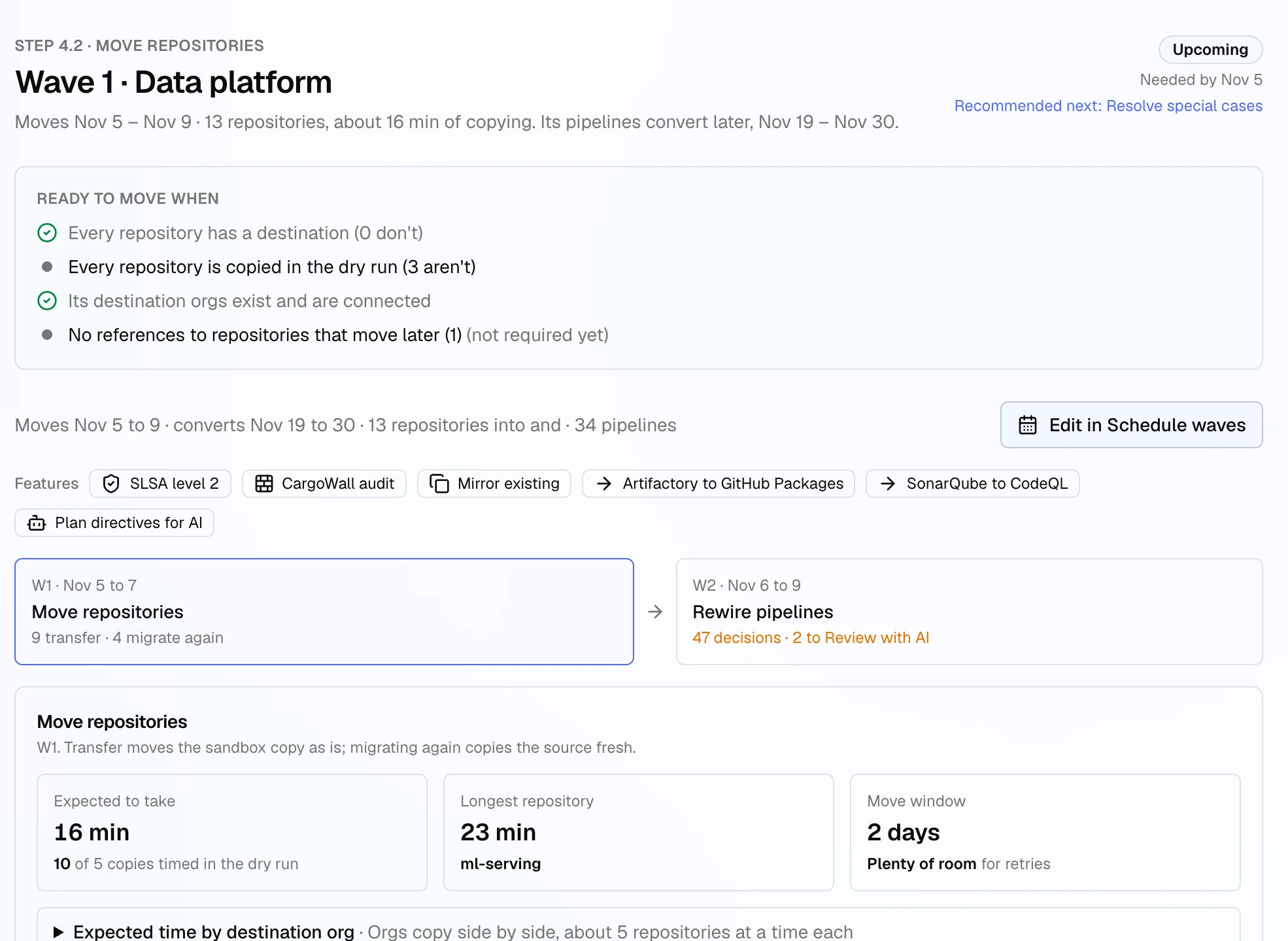 The Wave 1, Data platform page: its move and convert dates, the Ready to move when list, its features, and a stage strip with Move repositories selected and Rewire pipelines next, above the expected move time, the longest repository and the move window.