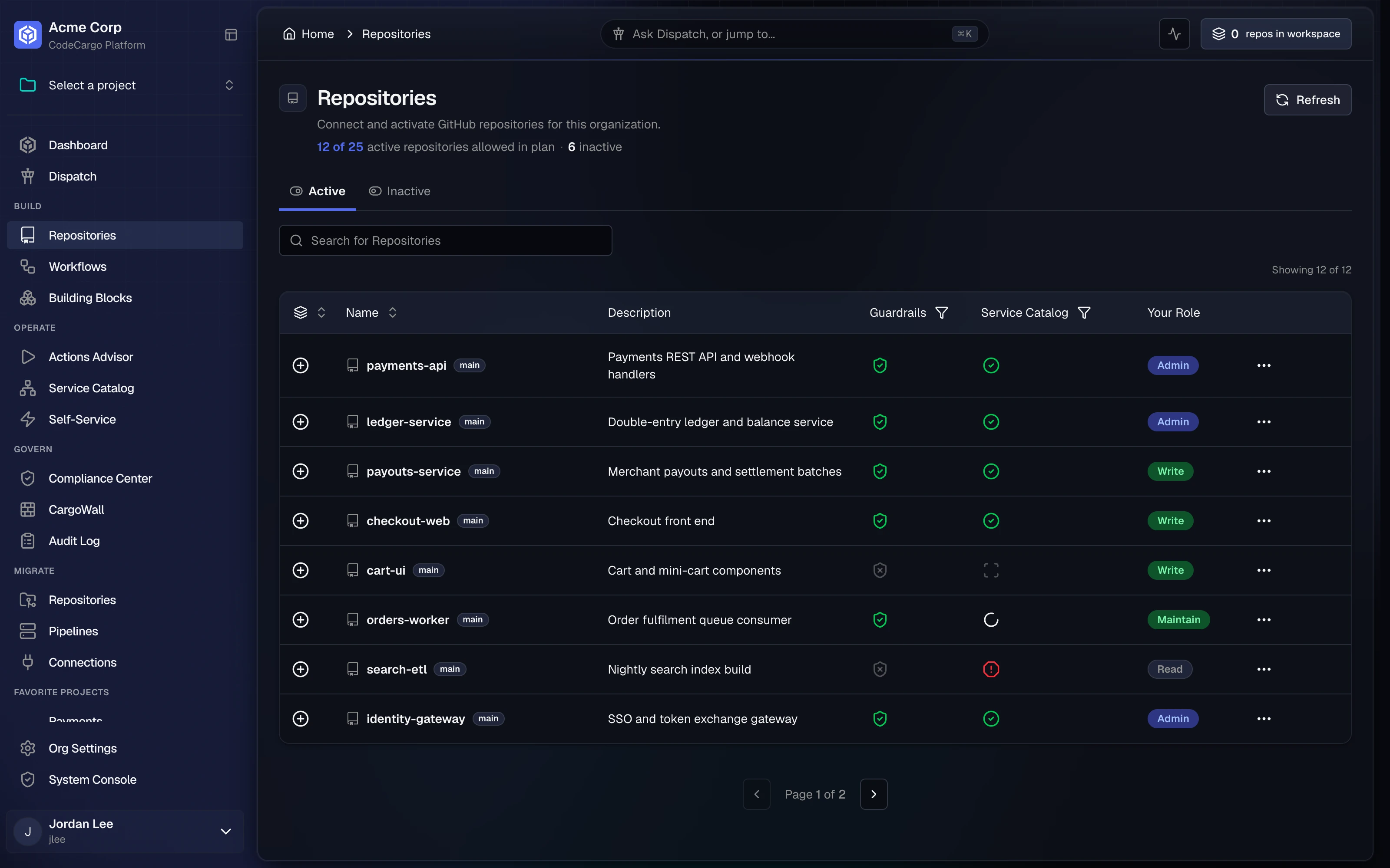 The Repositories page for Acme Corp: 12 of 25 active repositories allowed in plan and 6 inactive, the Active tab with a search box, and a table of repositories with their description, guardrails and service catalog status, and the viewer's GitHub role