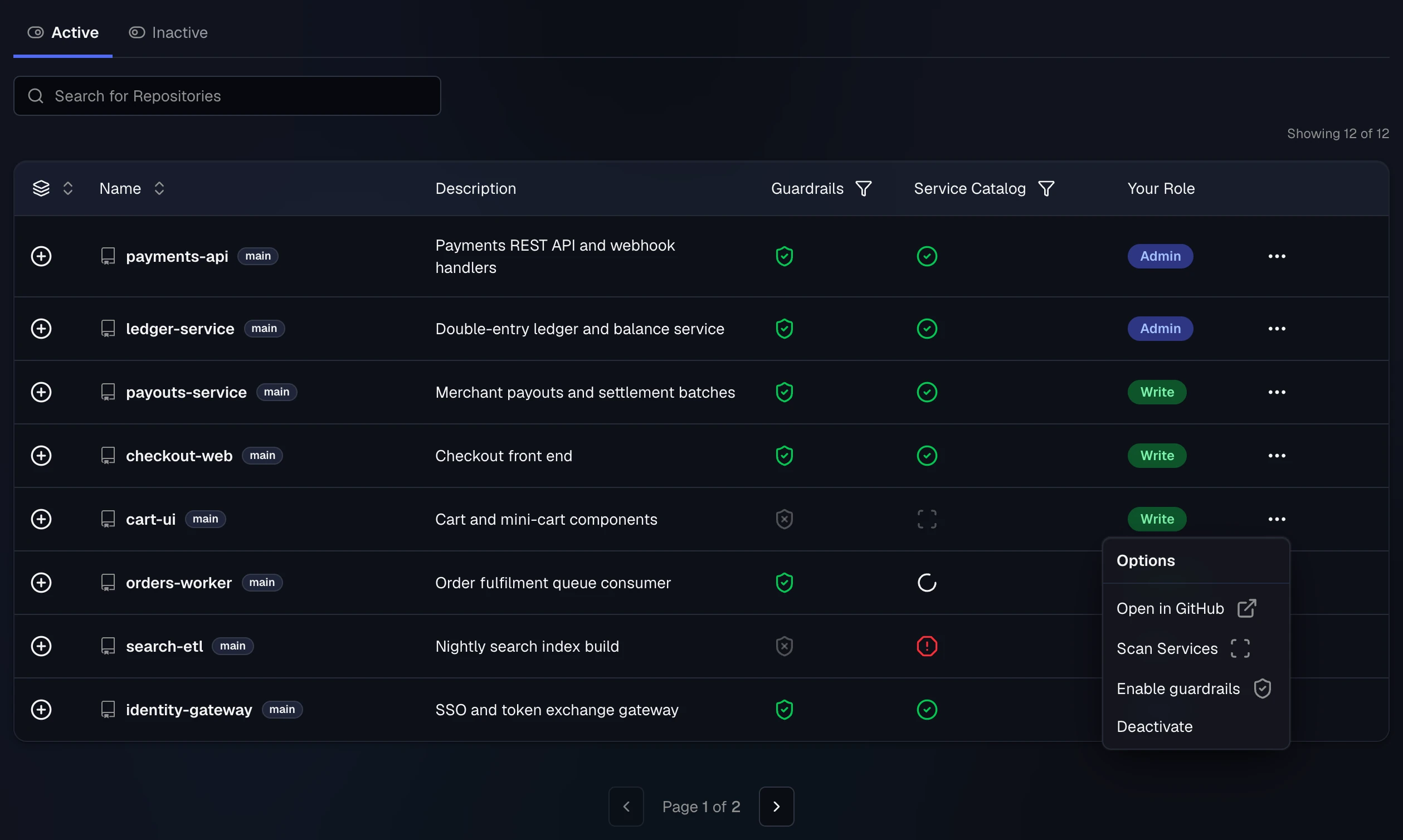 The options menu open on cart-ui with Open in GitHub, Scan Services, Enable guardrails and Deactivate