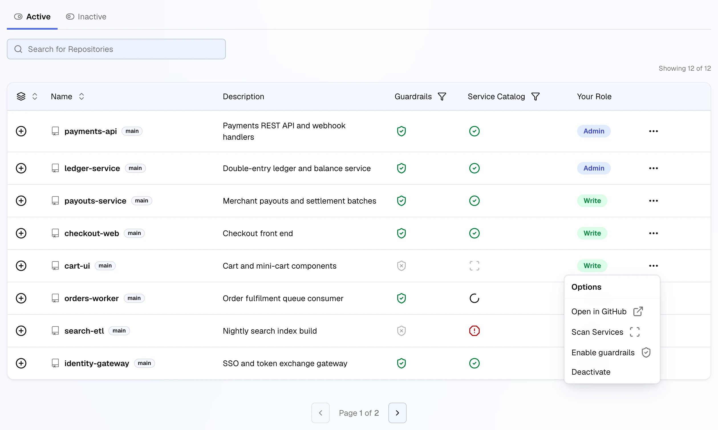 The options menu open on cart-ui with Open in GitHub, Scan Services, Enable guardrails and Deactivate