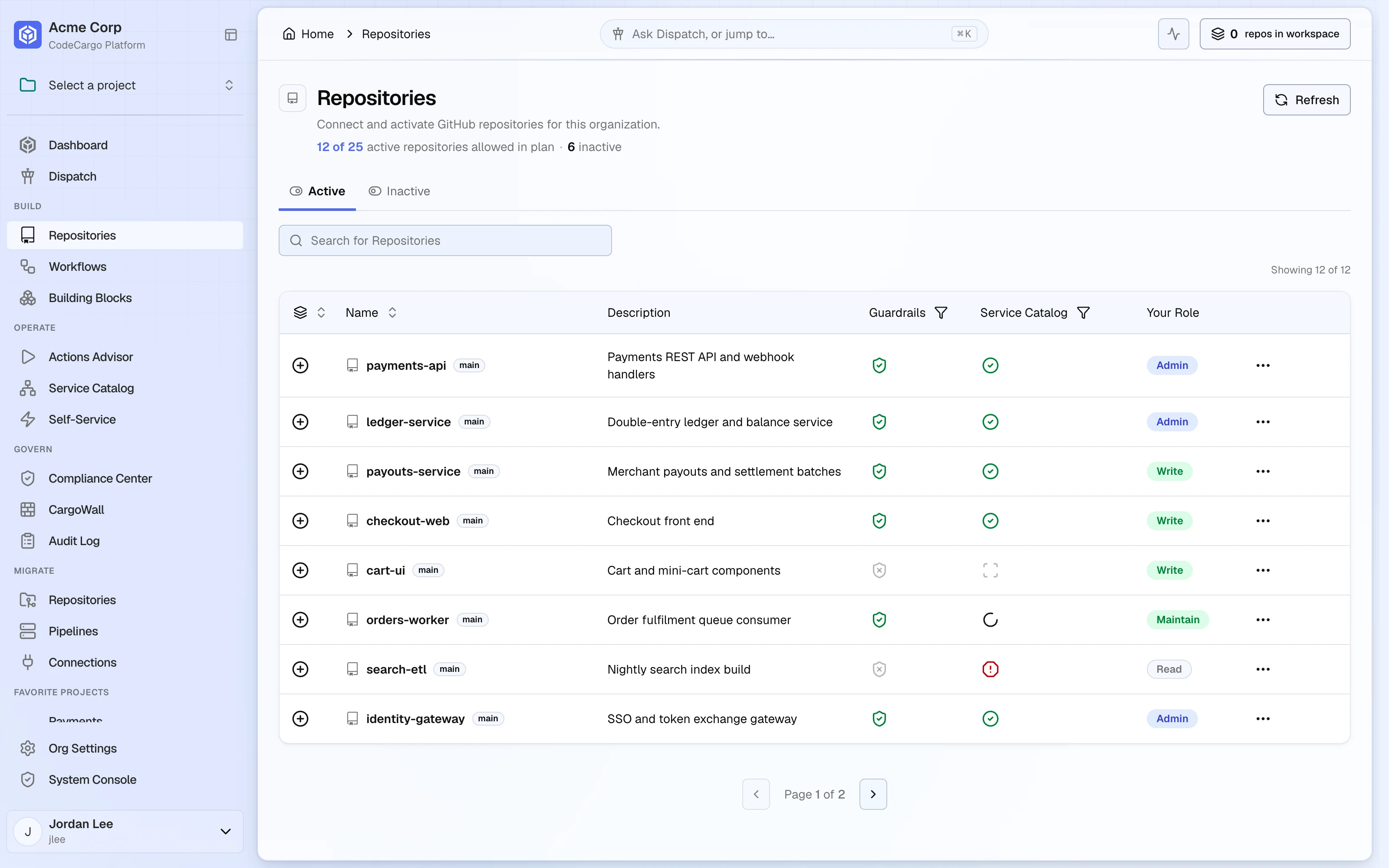 The Repositories page for Acme Corp: 12 of 25 active repositories allowed in plan and 6 inactive, the Active tab with a search box, and a table of repositories with their description, guardrails and service catalog status, and the viewer's GitHub role