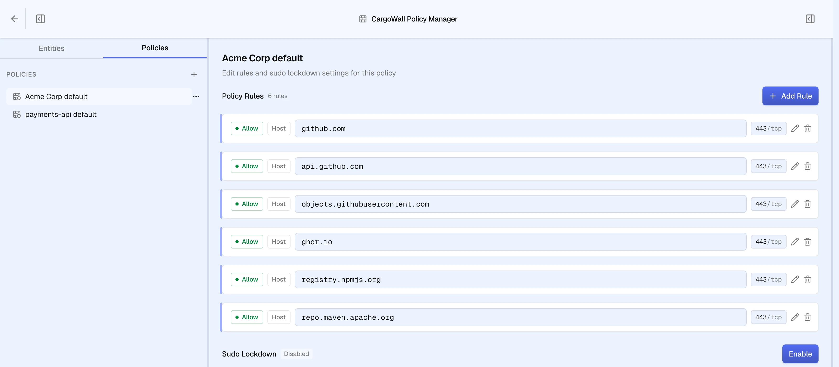Policy Manager with the Policies tab selected: the Acme Corp default policy open, showing six Allow host rules for github.com, api.github.com, objects.githubusercontent.com, ghcr.io, registry.npmjs.org and repo.maven.apache.org on 443/tcp, with Add Rule and Sudo Lockdown controls