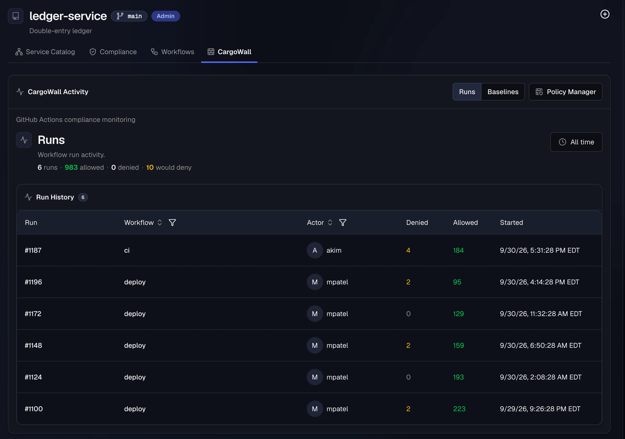 The CargoWall tab of the ledger-service repository: Runs and Baselines toggles and a Policy Manager button above the repository run history