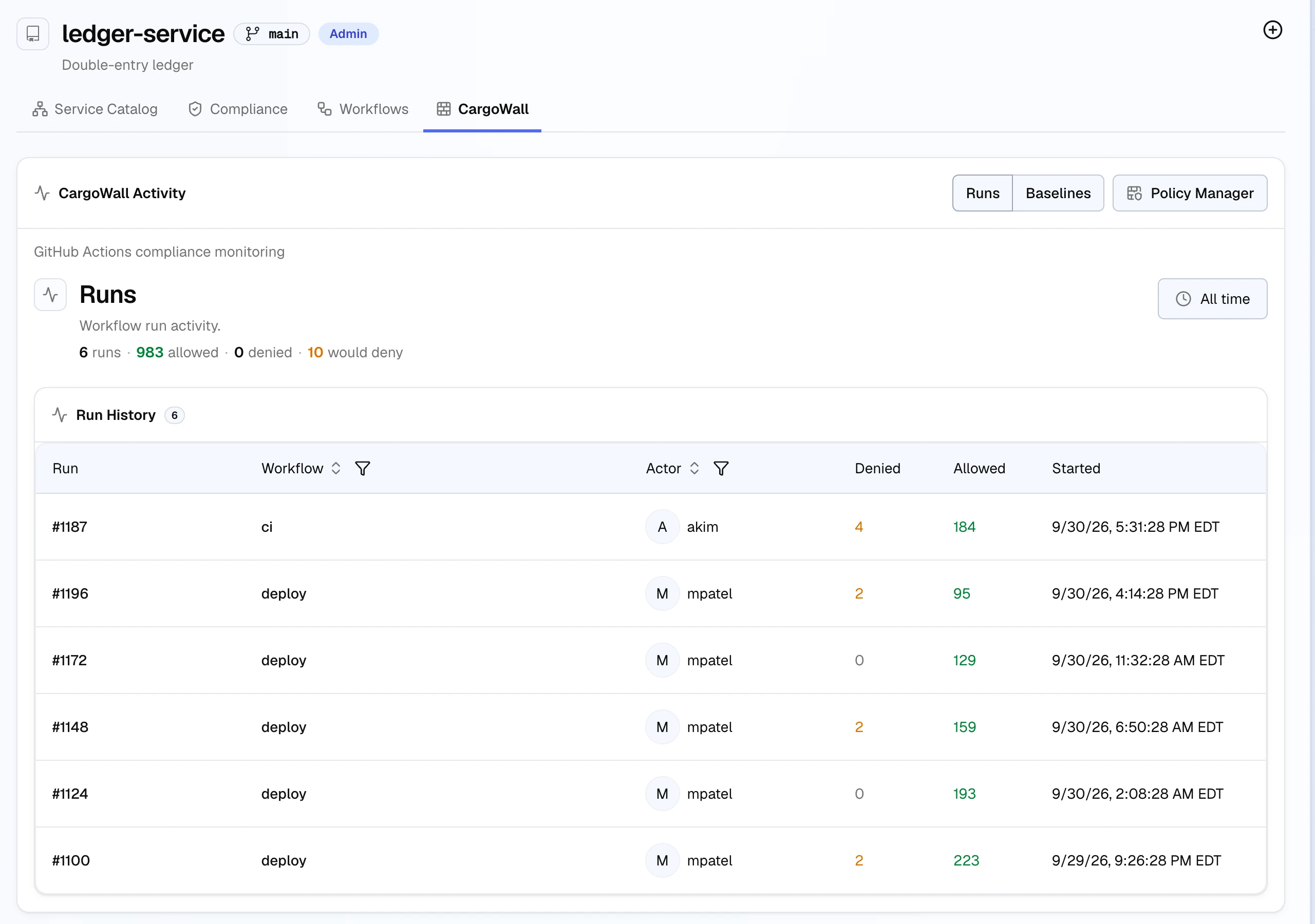 The CargoWall tab of the ledger-service repository: Runs and Baselines toggles and a Policy Manager button above the repository run history