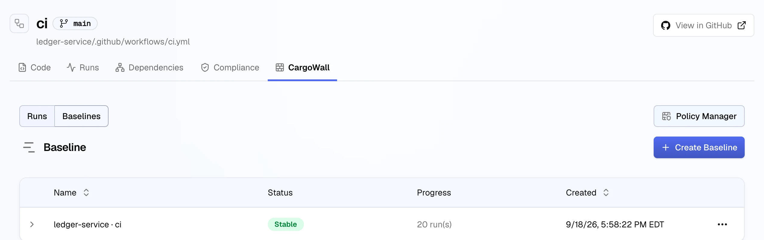 The CargoWall tab of the ledger-service ci workflow in the Baselines view: a stable ledger-service · ci baseline observed over 20 runs, with Create Baseline and Policy Manager buttons